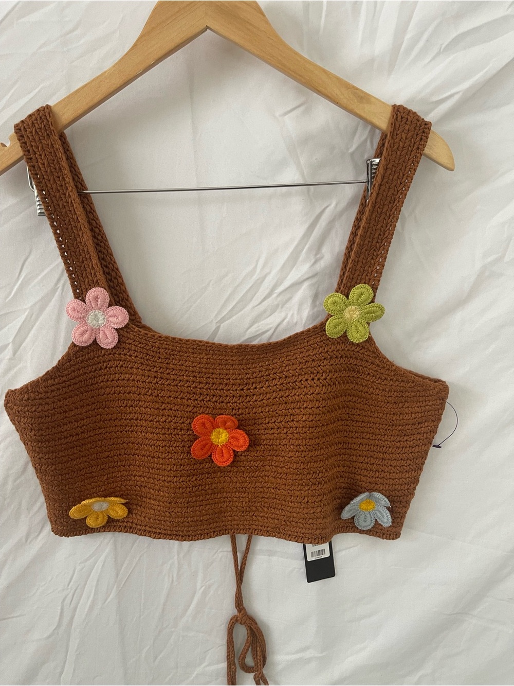 Fashion Nova Brown Crochet Crop Top with Multicolor Flower Appliqués